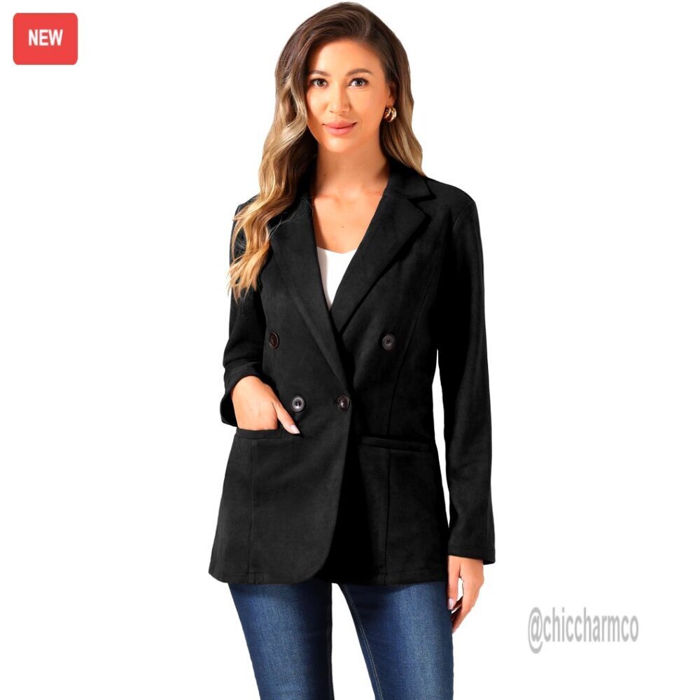 Faux Suede Blazer Lapel Collar Double Breasted Business Casual Elegant Jacket